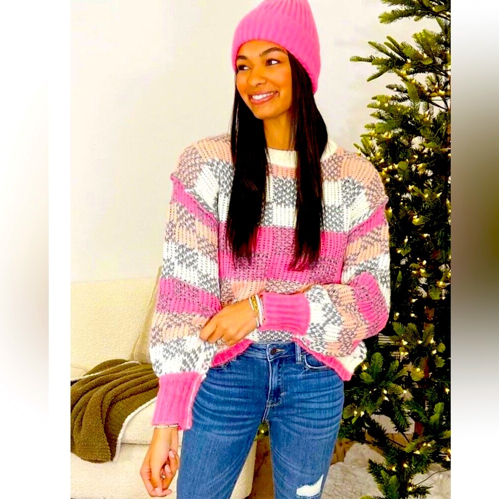 Talulah | Sweater | Checkered Pink Pull over Knitted Sweater | Women’s Large